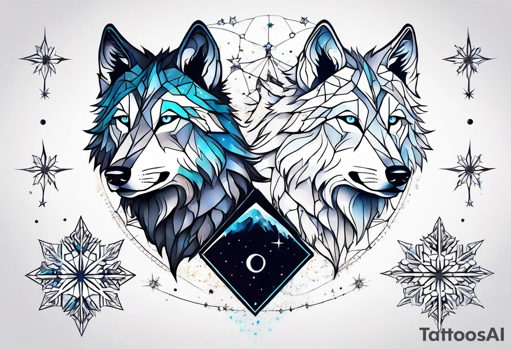 Constellation, two animal wolf, géométric, snowflake tattoo idea