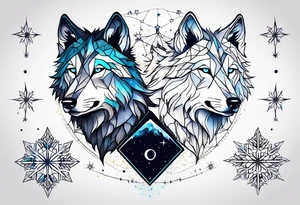 Constellation, two animal wolf, géométric, snowflake tattoo idea