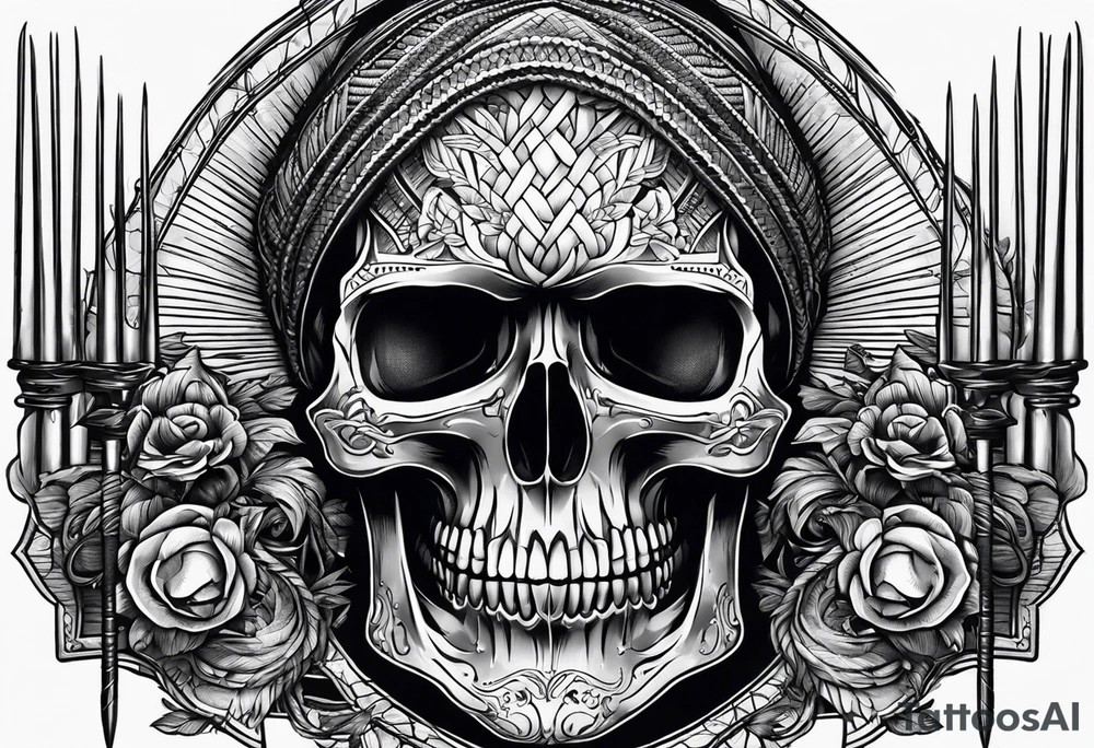 Black line skull with knitting needles stabbing through the eye sockets tattoo idea