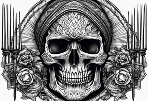 Black line skull with knitting needles stabbing through the eye sockets tattoo idea