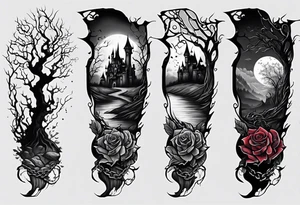 tattoo fool sleeve, destroyed dark gothic castle, tree roots break out of the chains, broken mask, roses tattoo idea