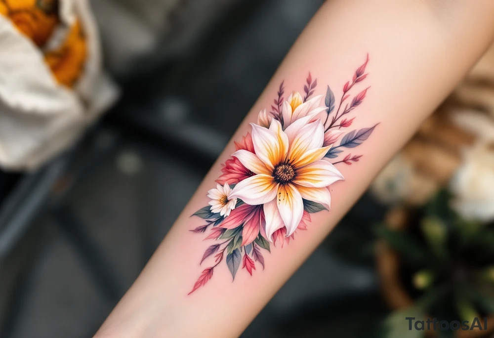 Sunflowers and stargazer lillies in pink and white in a dainty wildflower bouquet tattoo idea