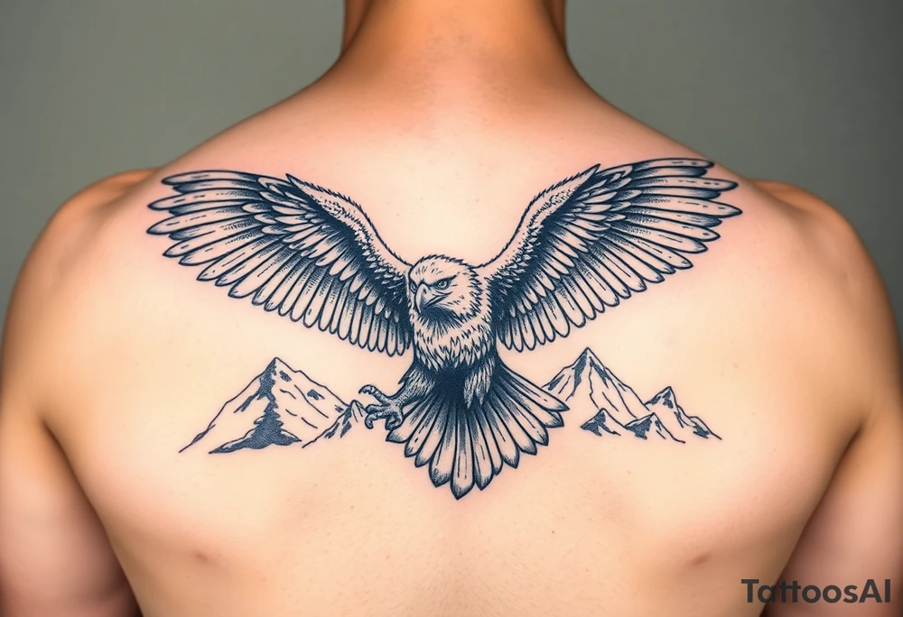 majestic eagle spreading wings against mountain peaks tattoo idea