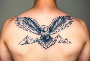 majestic eagle spreading wings against mountain peaks tattoo idea