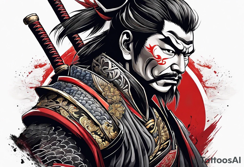 Samurai face in left chest scary tattoo idea