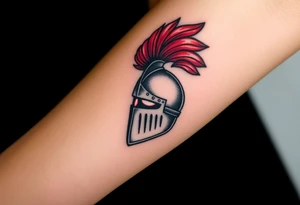 A knight’s helmet with a plume of red feathers, with intricate detailing and a mystical aura glowing from the visor tattoo idea