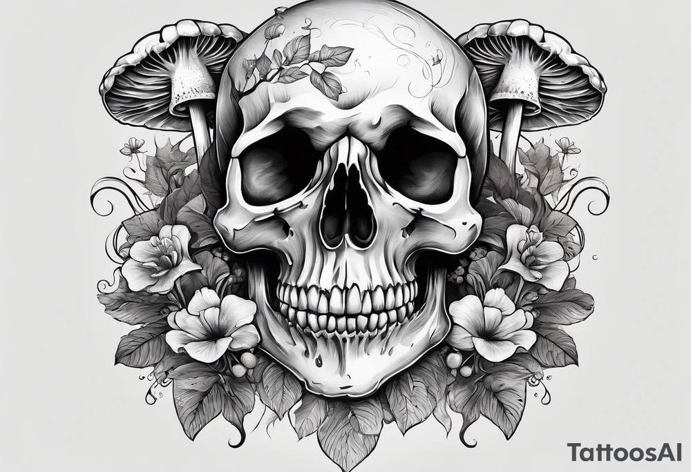 Skull with mushrooms attached like it’s becoming a part of them tattoo idea