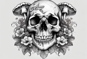 Skull with mushrooms attached like it’s becoming a part of them tattoo idea