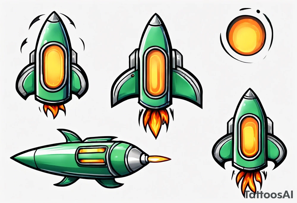 Super simple cartoon rocket ship with a round window, 3 fins, and fire coming out the bottom

Add some shading and detail to make less basic

Use only green, yellow, silver, blue. tattoo idea