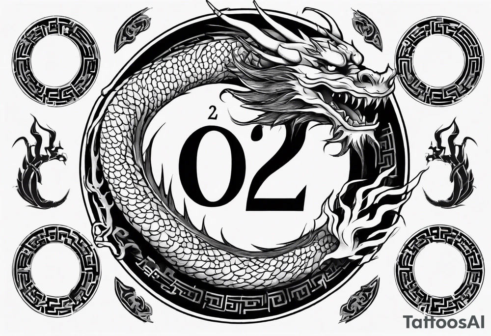 Chinese dragon in a circular shape with "02.03" written on its skin tattoo idea