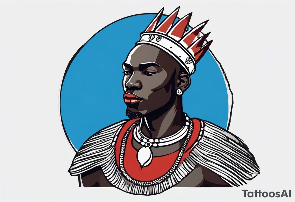 Black-skinned bald african warrior. He wears a simple and small silver crown. He uses two simple necklaces: one blue, other red. He has cowry shells in his crown tattoo idea