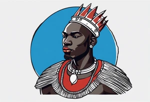 Black-skinned bald african warrior. He wears a simple and small silver crown. He uses two simple necklaces: one blue, other red. He has cowry shells in his crown tattoo idea