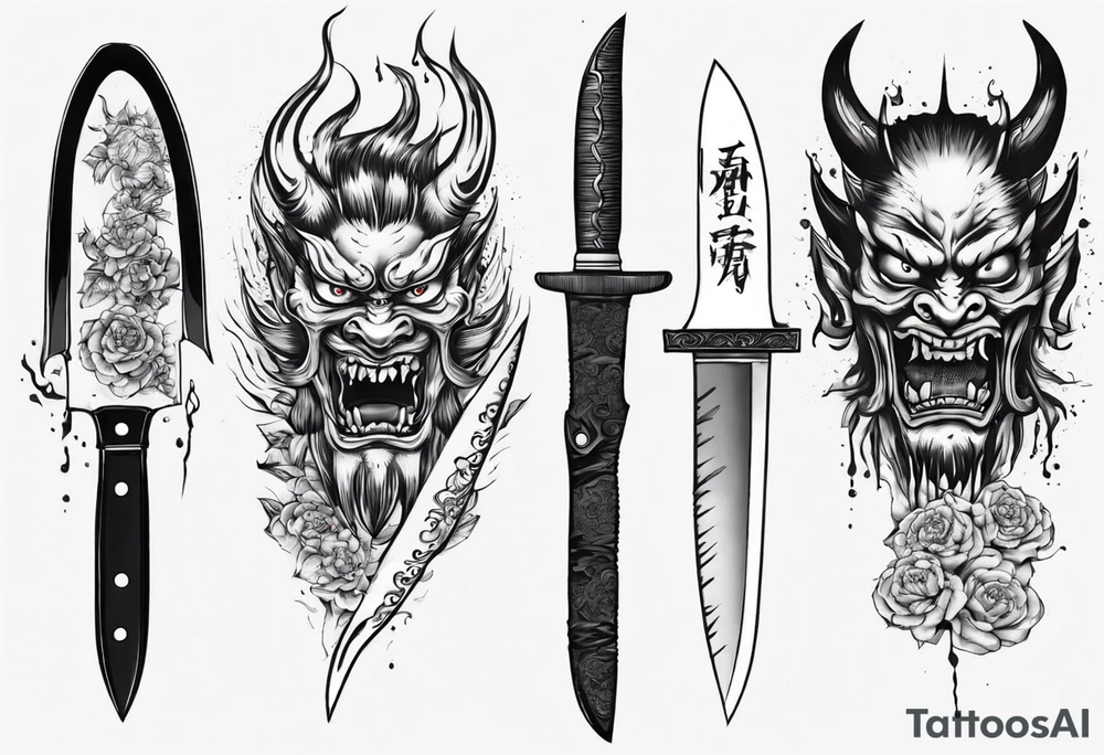 Knife with Japanese demon coming out of the blade tattoo idea