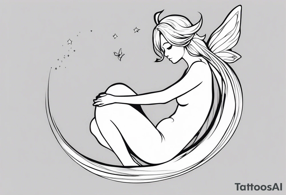 Minimalistic, monochromatic fairy with a tail flying to the left in a fetal position, leaning and looking in the same direction, with visible hands, embodying the 'Fairy Tail' logo aesthetic. tattoo idea