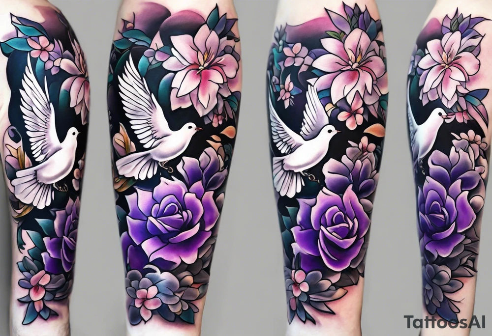 Forearm tattoo with purple flowers to always remember my grandma that passed away with a small white dove and heaven things added like clouds and stairs. tattoo idea
