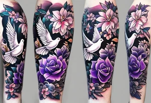 Forearm tattoo with purple flowers to always remember my grandma that passed away with a small white dove and heaven things added like clouds and stairs. tattoo idea