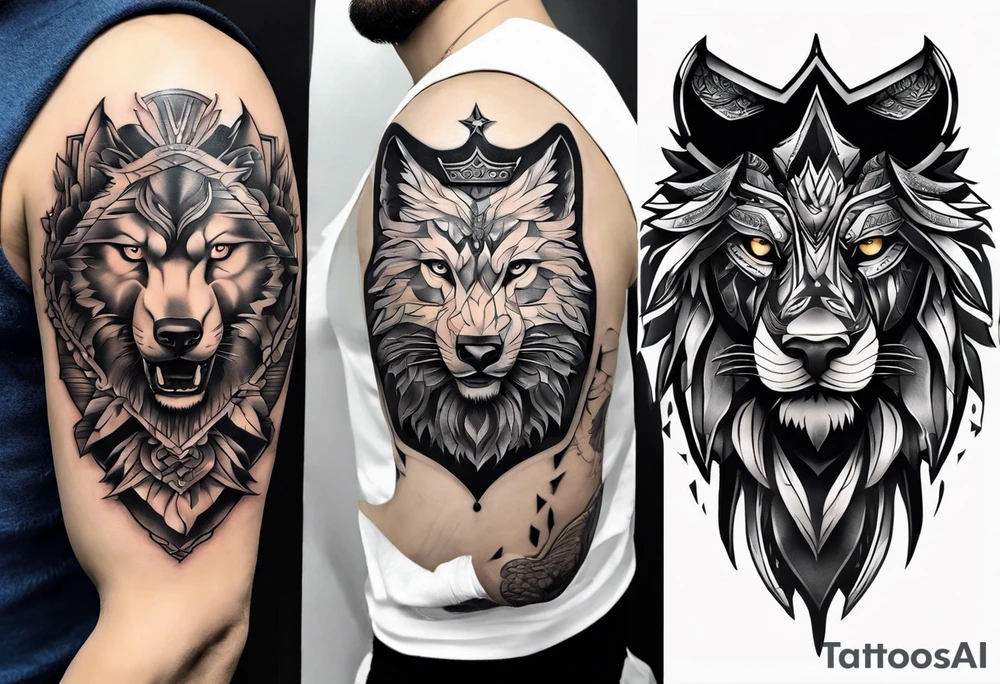 Tattoo a wolfs face on the left, a lions face in the middle and an eagle's face on the right tattoo idea