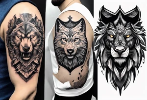 Tattoo a wolfs face on the left, a lions face in the middle and an eagle's face on the right tattoo idea