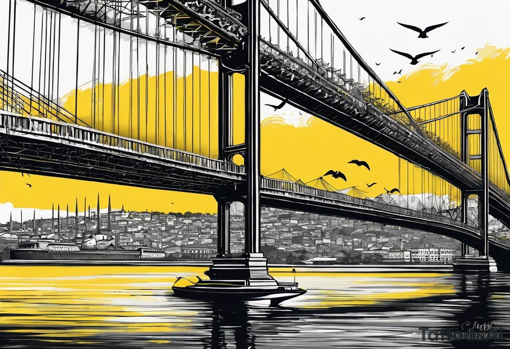 Istanbul bridge with blue details and behind them a big yellow canary tattoo idea