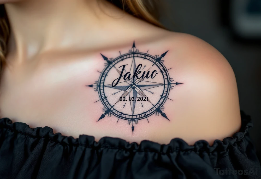 Jakub name and date 02. 03. 2021 – A classic blue and gray compass with Jack's birthdate etched in bold, modern font at the center. tattoo idea