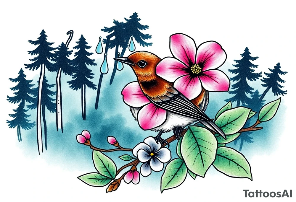green forest background
blue rain drops
pink camelia flower
blue brown wren bird tattoo idea