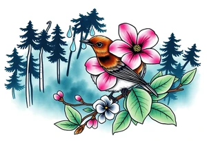 green forest background
blue rain drops
pink camelia flower
blue brown wren bird tattoo idea