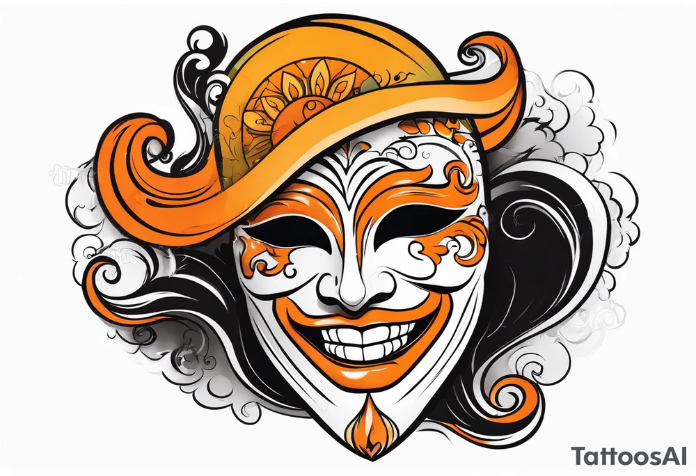 Laughing Male masquerade mask with orange and black smoke tattoo idea