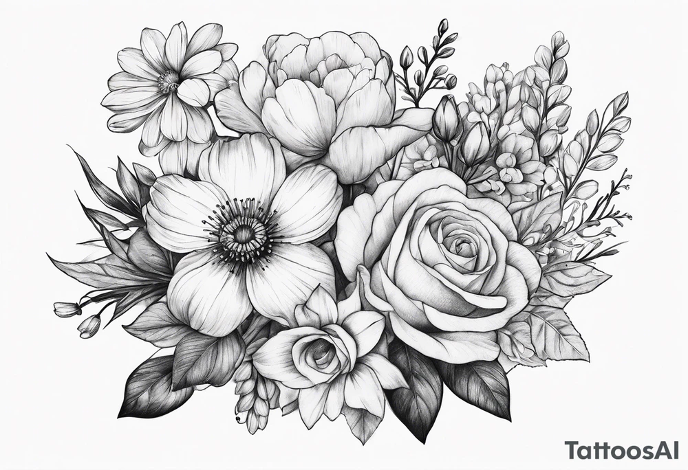 Bouquet of birth flowers tattoo idea