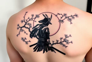 noble samurai warrior silhouette at sunset with cherry blossoms tattoo idea