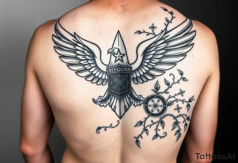 on my right arm, it will be a full sleeve, with the top half is an eagle scout symbol combined with the army national guard cook (92G) emblem and it's intertwined with vines symbolizing growth. it will transition into a autistic-steampunk-gothic-rock theme for the bottom half of the sleeve. representing my life up till now. tattoo idea