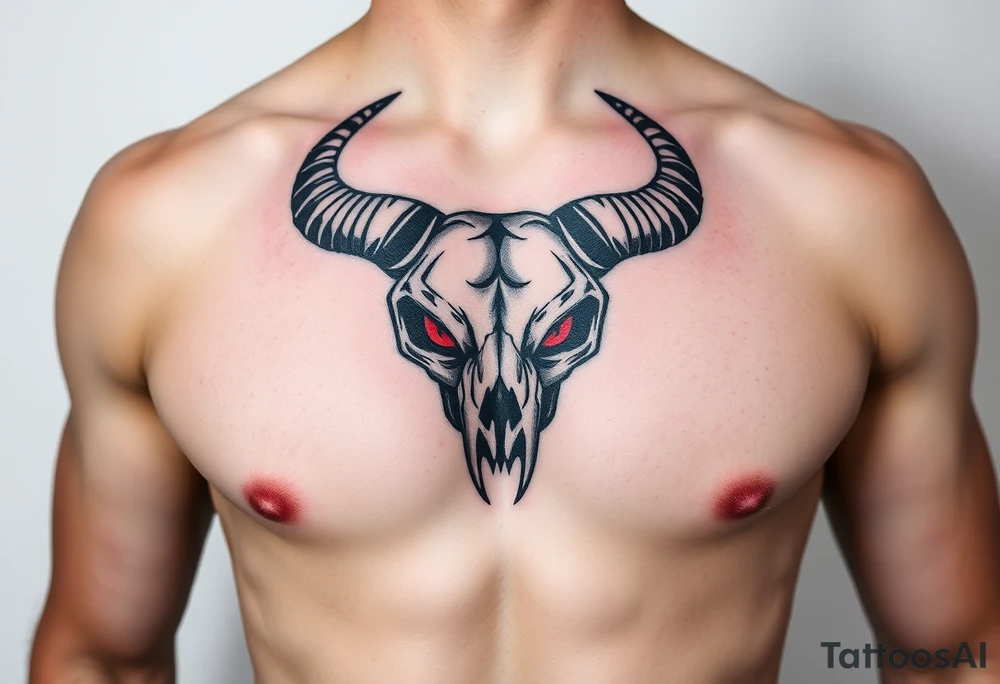 Abstract looking angry taurus skull chest tattoo with red eyes tattoo idea