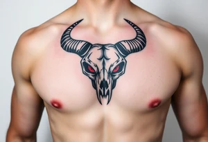 Abstract looking angry taurus skull chest tattoo with red eyes tattoo idea