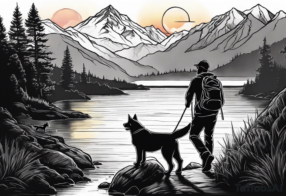 nature, sunset, mountains, a father and son hiking with their dog and cat by the water tattoo idea