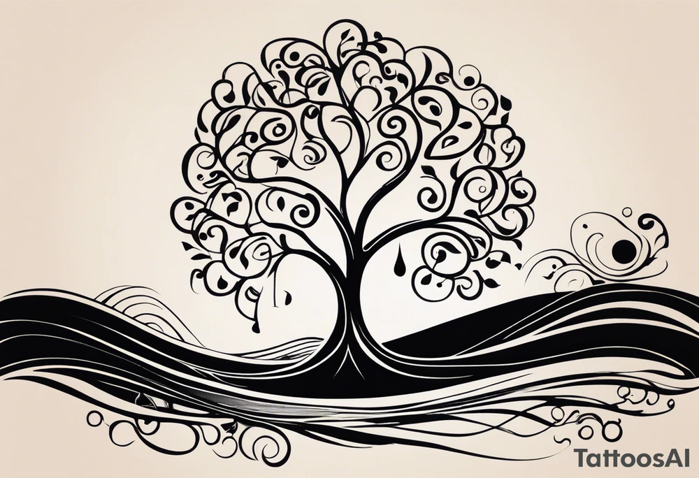 A tattoo design that incorporates the following elements: an abstract tree of life that has roots emerging  from the ground. Waves of water encapsulate the tree and wind around it in an organic way.  Incorporate music.   the letters U and A are overlapping and engraved into the tree. a golf ball incorporated but not prominent. tattoo idea