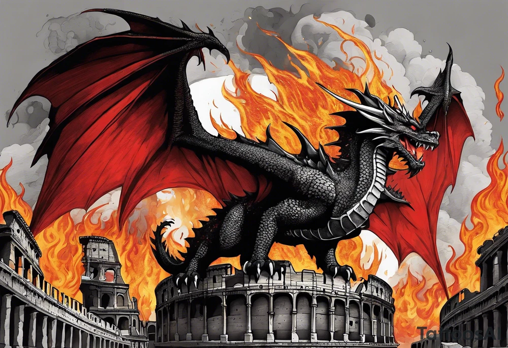 A majestic black and red dragon with shimmer golden scales standing in the burning ruins of a crumbling colosseum with flames and ash around his feet. This dragon depicts power, danger, and awe billowing flames from his mouth into the sky with wings outstretched. tattoo idea