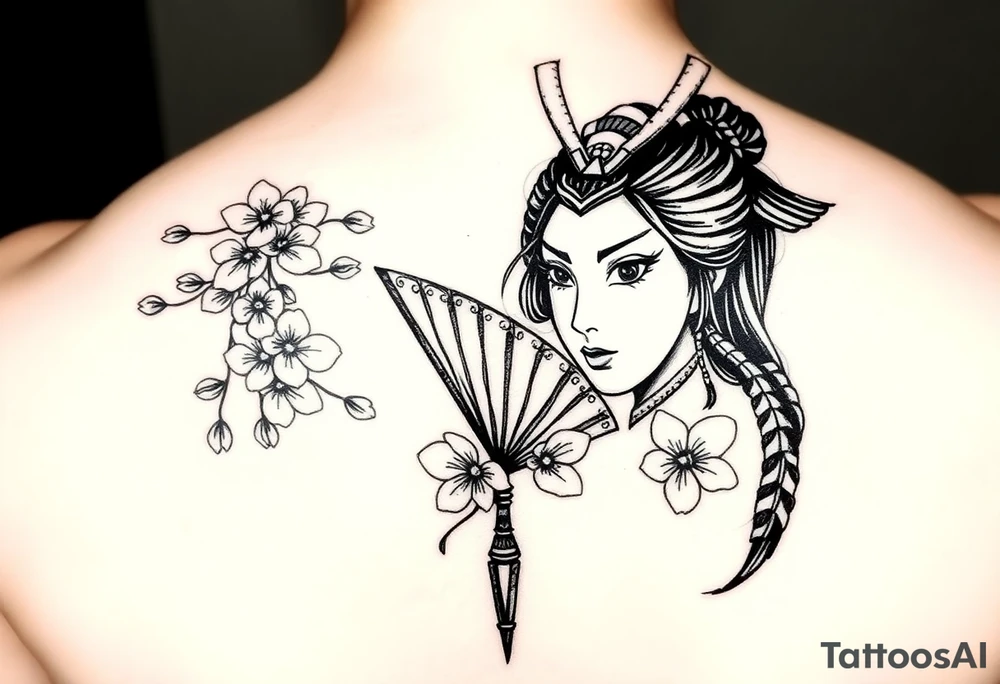 Samurai Asian face
with a fan across her face with cherry blossom with wind tattoo idea