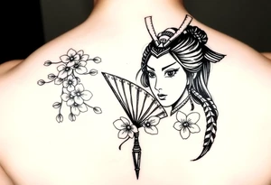 Samurai Asian face
 with a fan across her face with cherry blossom with wind tattoo idea