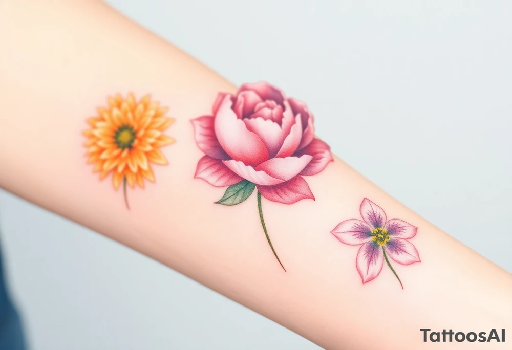 Three separate flowers. Chrysanthemum, peony, and larkspur. tattoo idea