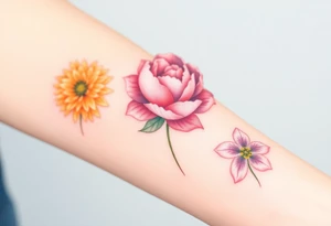 Three separate flowers. Chrysanthemum, peony, and larkspur. tattoo idea