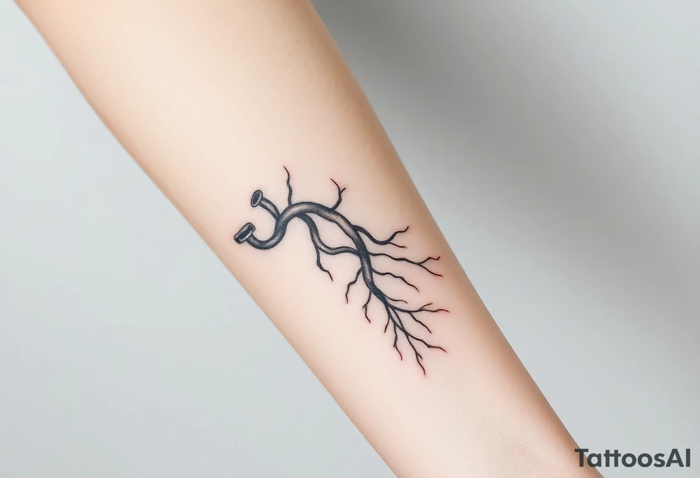 wide System of pipes that transitions and transforms at the end into thick, widespread 
veins of forearm tattoo idea