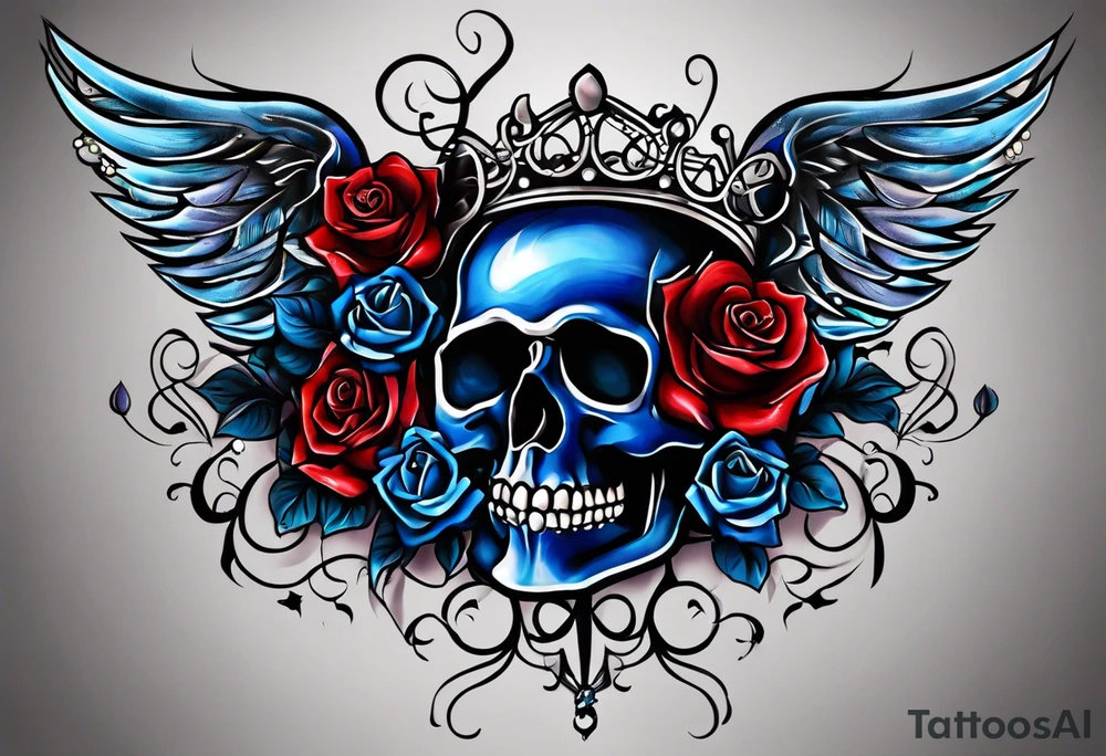 Tattoo for a bride and a groom. Wedding theme was "Even in Death". Wedding date was 4/14/2024. Colors were black and dark purple, blue, red. tattoo idea