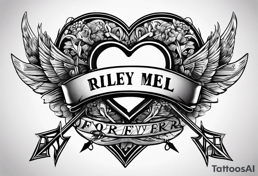 heart with arrow with ribbon that says "Riley and Mel forever" tattoo idea
