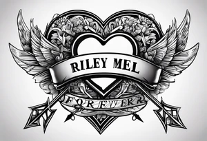 heart with arrow with ribbon that says "Riley and Mel forever" tattoo idea