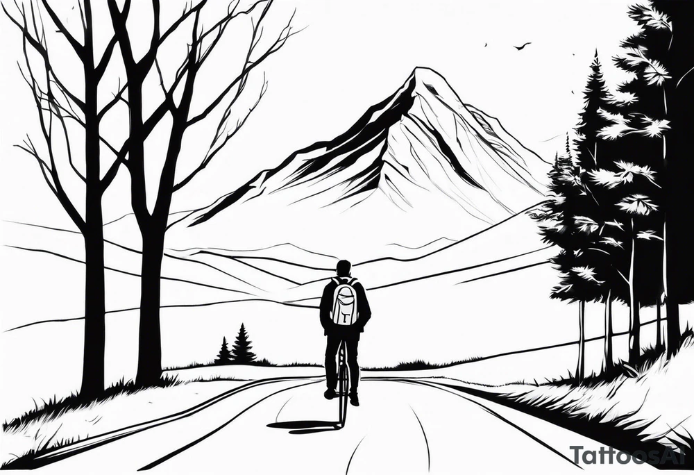 A man with a backpack walking down a road lined with trees, holding a bicycle towards a mountain tattoo idea