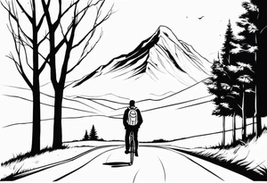 A man with a backpack walking down a road lined with trees, holding a bicycle towards a mountain tattoo idea