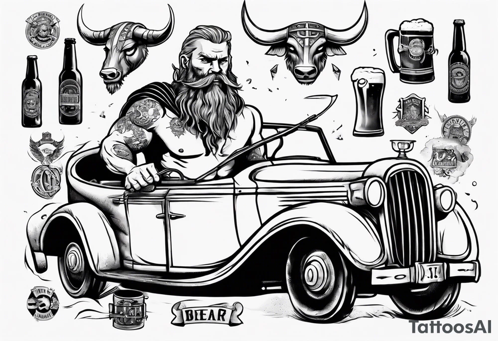 A Viking driving an old vintage car holding a beer tattoo idea
