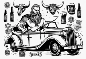 A Viking driving an old vintage car holding a beer tattoo idea