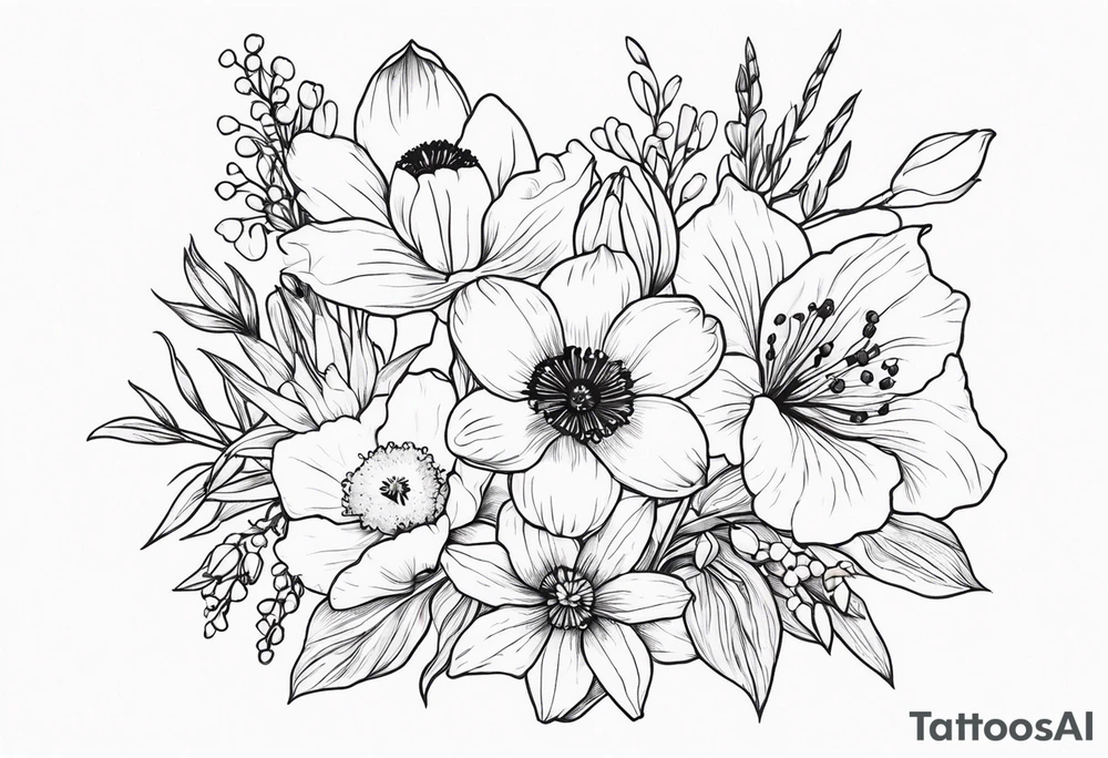 Poppy, larkspur, cosmo, Lily of the valley, daffodil, flower bouquet, portrait style tattoo idea