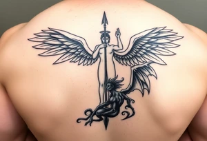 Silhouette of archangel Michael standing over Lucifer with a spear to his throat tattoo idea