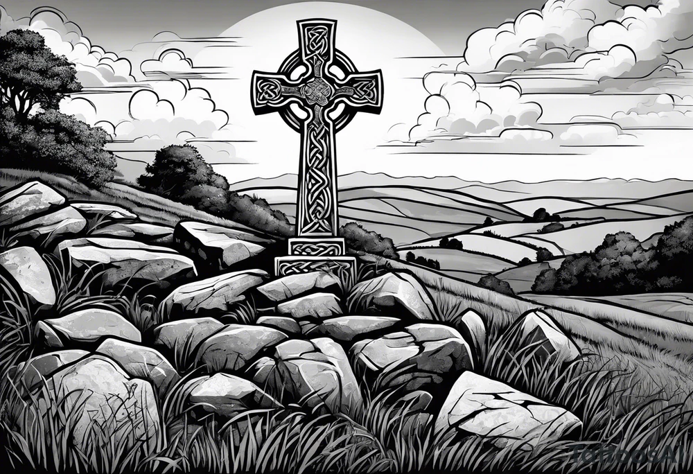 A stone Celtic cross standing solemnly atop a hill. A ruined stone wall lies crumbling near the cross tattoo idea